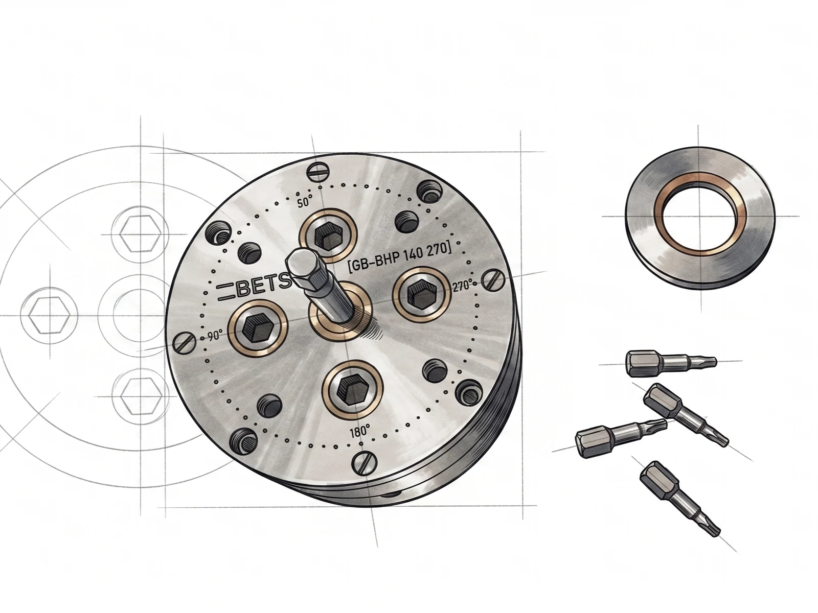 BETSA&reg; Gearbox GB-BHP 140 270: graduated upper part, central drive, four hexagonal outputs, thrust washer and clamp screw bits