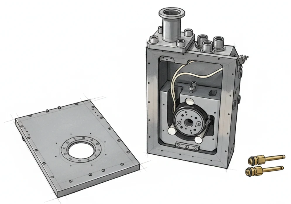 BETSA&reg; vacuum chamber EAV001 shown open: removable lid with its sealing flange, internal rotation stage and two electrical feedthroughs