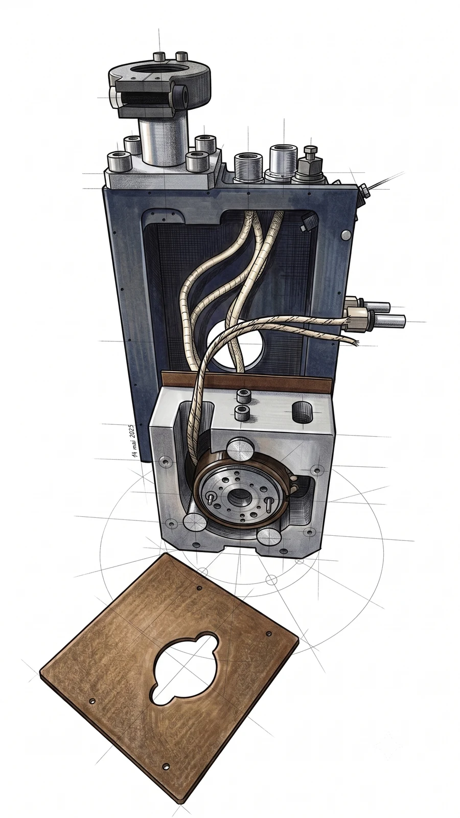 BETSA&reg; vacuum chamber EAV001 in cut-away view, showing the diamond anvil cell in place, the sheathed high-temperature leads and the insulating base plate